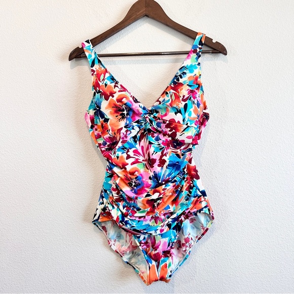 Swim Solutions Floral Twist Front One Piece Mio Swimsuit Size 14 Bright Tropical - Picture 3 of 11